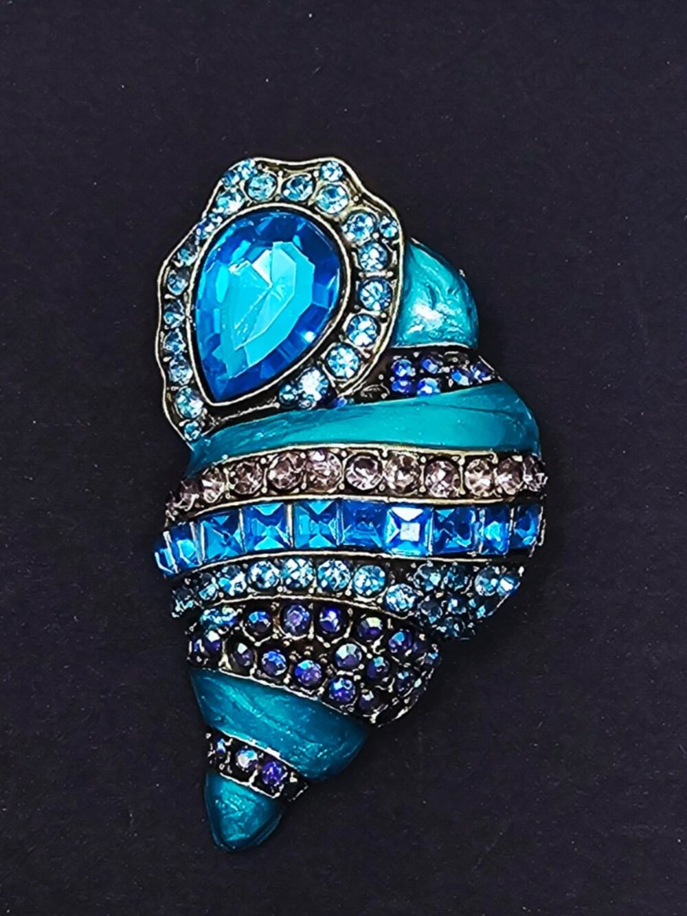 Blue Seashell Brooch Pin Rhinestones